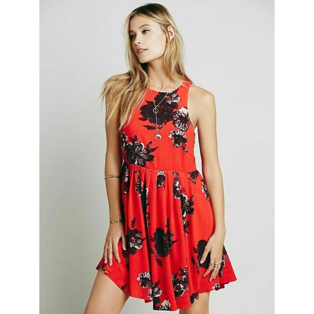 Free People Red Black Floral Sleeveless Flutter By Mini Dress Size 10